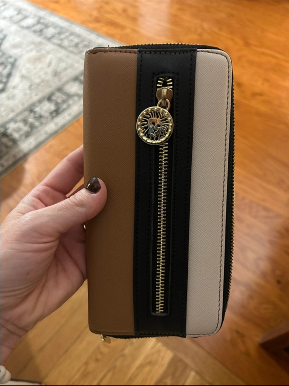 Anne Klein Colorblock Zip Around Wallet Tan Black Cream Gold